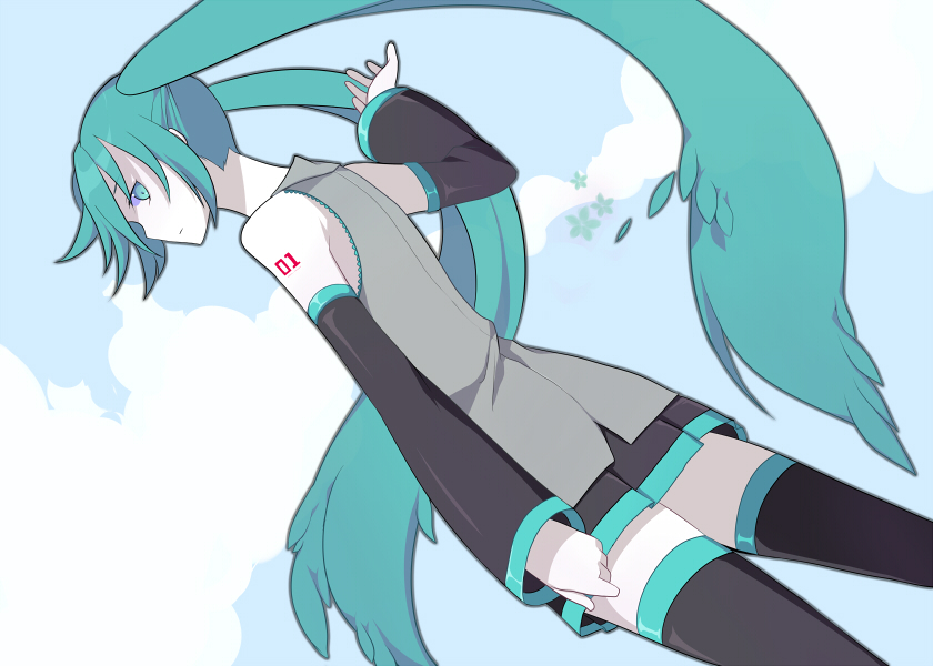 harano, hatsune miku, vocaloid, aqua eyes, aqua hair, boots, detached sleeves, long hair, miniskirt, skirt, solo, thigh boots, thighhighs, twintails, zettai ryouiki