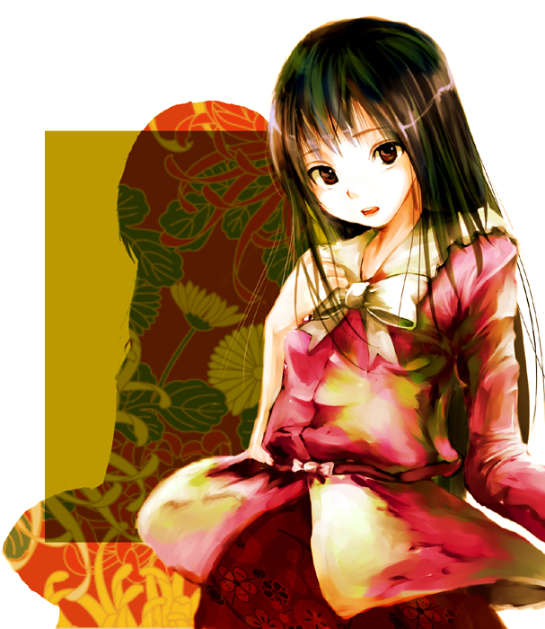 yae (mono110), houraisan kaguya, touhou, 1girl, :d, blush, bow, bowtie, cowboy shot, female focus, long sleeves, looking at viewer, open mouth, parted lips, red eyes, red skirt, shade, simple background, skirt, smile, solo, upper body, white background, white bow, white bowtie