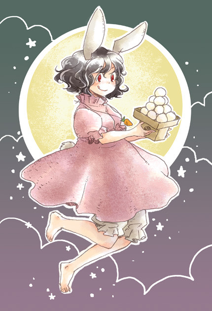 nikoro, inaba tewi, touhou, 1girl, barefoot, female focus, food, full body, mochi, moon, outdoors, sky, solo, wagashi