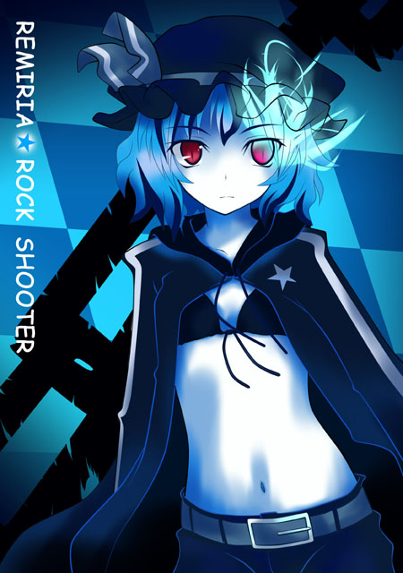ogami kazuki, black rock shooter (character), remilia scarlet, black rock shooter, touhou, headwear request, 1girl, bikini, bikini top only, black rock shooter (cosplay), blue hair, cosplay, female focus, hat, jacket, navel, no wings, parody, red eyes, short shorts, shorts, solo, swimsuit