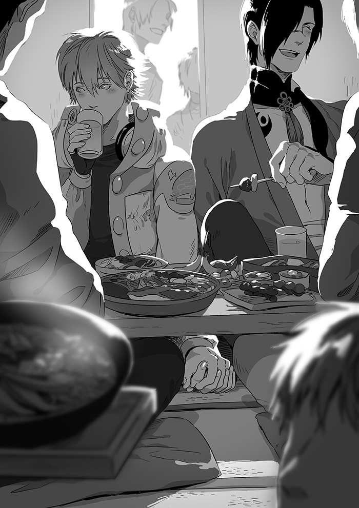 magehikari, koujaku, seragaki aoba, dramatical murder, commentary request, 2boys, backlighting, blurry, blurry foreground, blush, dango, drinking, fingernails, food, greyscale, hair between eyes, headphones, headphones around neck, holding hands, jacket, japanese clothes, long sleeves, male focus, monochrome, multiple boys, open mouth, scar, scar on face, scar on nose, short hair, steam, table, tassel, tattoo, wagashi, yaoi
