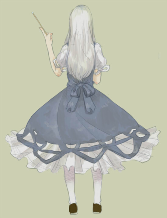 as (ashyblown), kamishirasawa keine, touhou, white legwear, 1girl, blue dress, dress, female focus, from behind, long hair, short sleeves, simple background, solo, wand, white hair