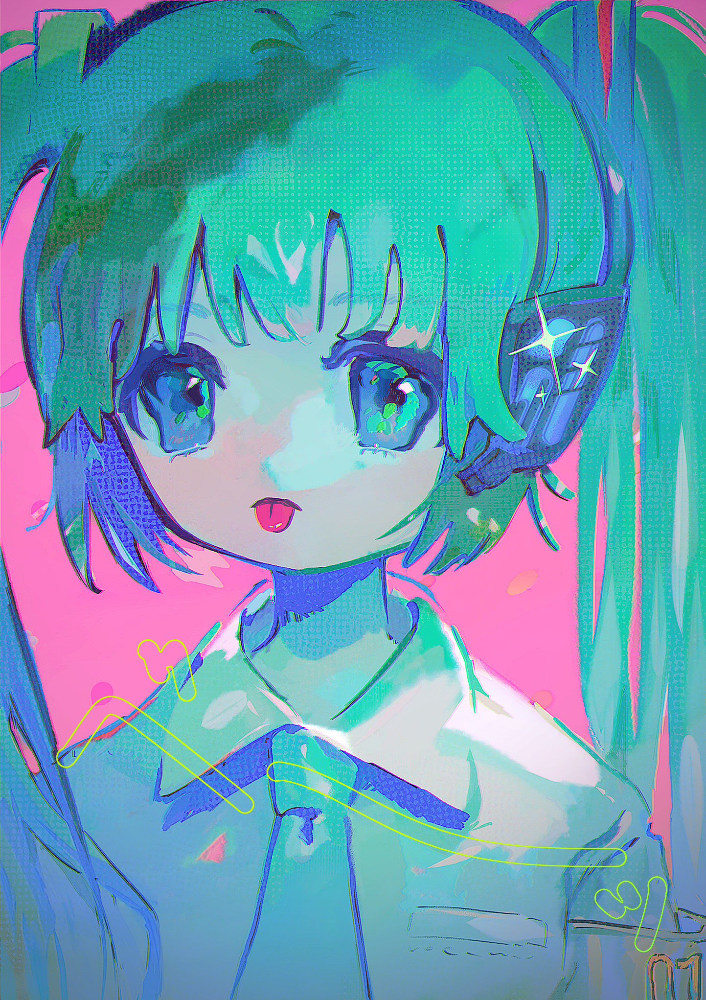 mawarusanso, hatsune miku, vocaloid, commentary request, highres, 1girl, blue eyes, collared shirt, green hair, headphones, long hair, looking at viewer, necktie, pink background, shirt, solo, sparkle, twintails, upper body, very long hair