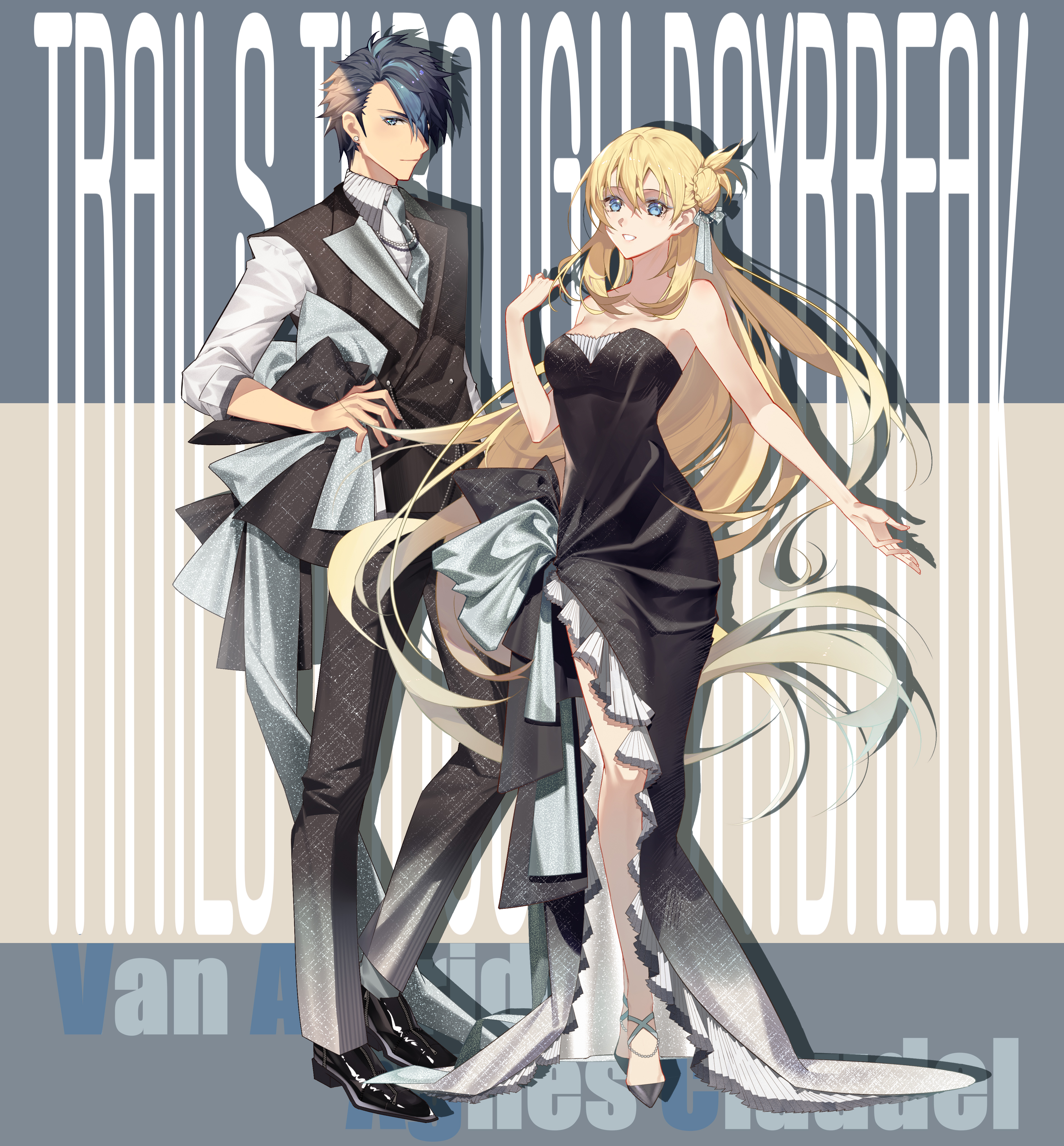 agnes claudel, van arkride, eiyuu densetsu, kuro no kiseki (series), absurdres, highres, 1boy, 1girl, bare shoulders, black dress, black hair, blonde hair, blue eyes, blue hair, braid, bun with braided base, character name, closed mouth, copyright name, double-parted bangs, dress, english text, full body, hair between eyes, hair bun, hair slicked back, high heels, izkasuzu, long hair, long hari, looking at viewer, multicolored hair, parted lips, simple background, single side bun, sleeveless, sleeveless dress, smile, two-tone hair, very long hair, vest, waistcoat