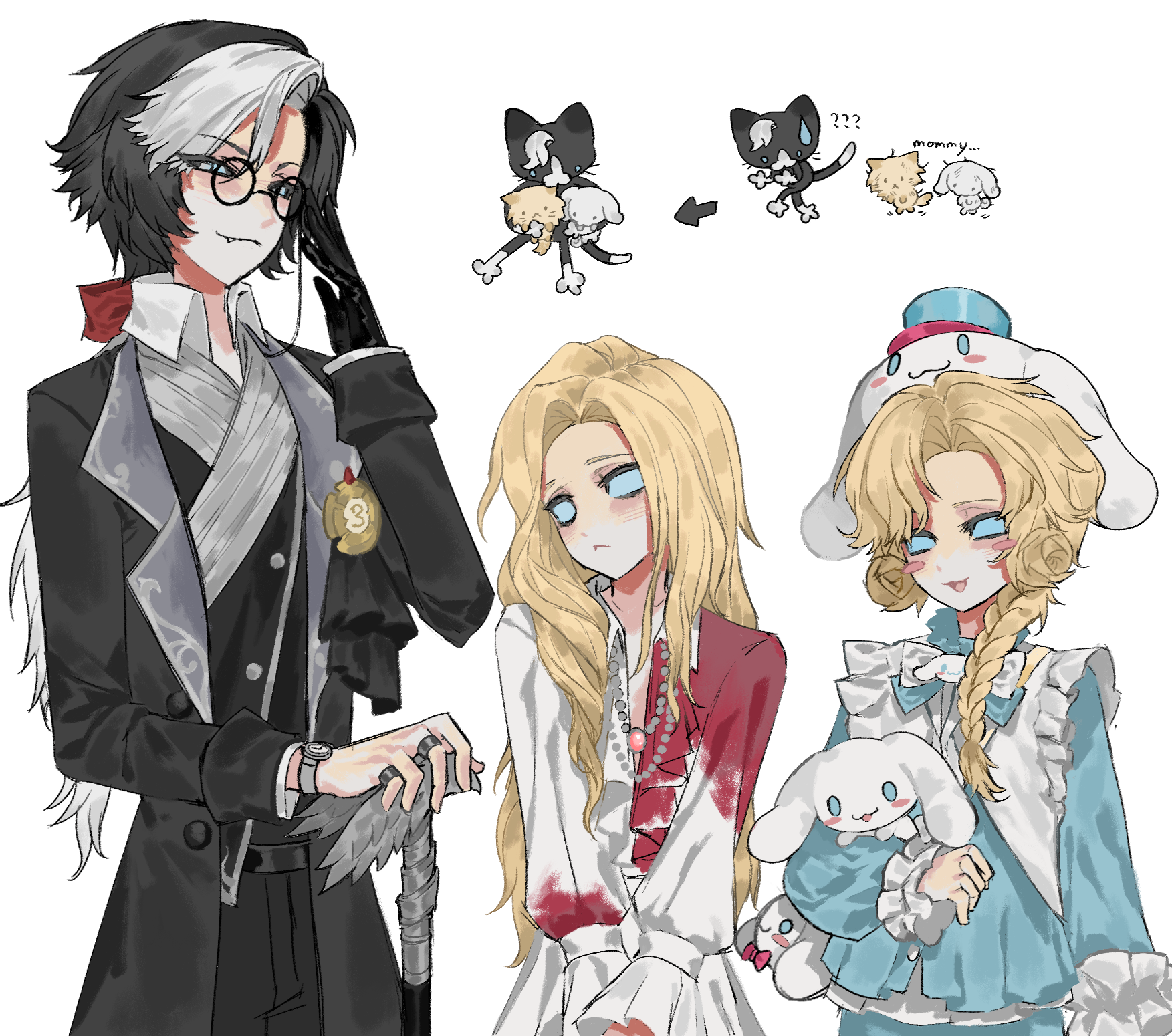 cinnamoroll, joseph desaulniers, joseph desaulniers (d.m.), joseph desaulniers (dreamy cinnamoroll), joseph desaulniers (hangover), identity v, sanrio, highres, 3boys, :<, :3, adjusting eyewear, androgynous, black hair, black sclera, blue eyes, blue sclera, blue shirt, blush stickers, bow, braid, cane, cat, colored sclera, fang, frilled shirt collar, frills, glasses, hair bow, hair intakes, height difference, high collar, jewelry, long hair, looking at another, male focus, multicolored hair, multiple boys, multiple rings, no pupils, official alternate costume, puffy sleeves, red bow, reitoukoorisenn, ring, round eyewear, shirt, stained clothes, watch, white hair, white shirt, wristwatch