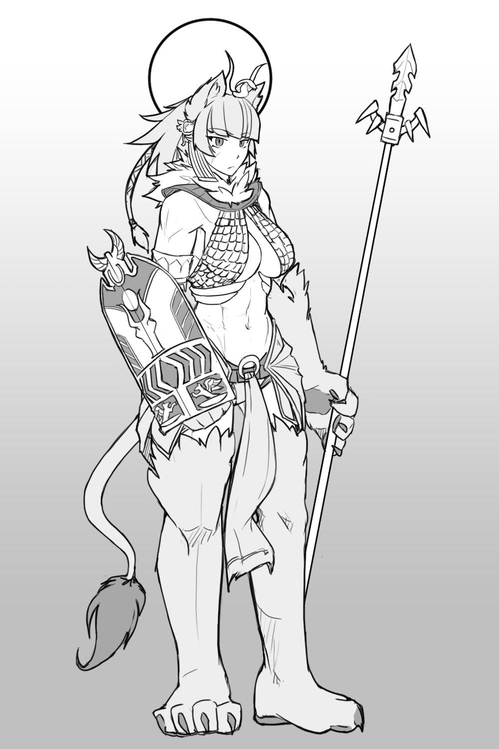 less, egyptian mythology, monster girl encyclopedia, original, highres, abs, ancient egyptian, ancient egyptian clothes, animal ear fluff, animal ears, animal legs, bobanon, braid, breasts, buckler, full body, halterneck, lion ears, lion girl, lion paws, lion tail, midriff, monster girl, sejit (vagabonds), sekhmet(less/bob), sekhmet (mythology), shield, sideboob, sidelocks, staff, tail, tall female, underboob, vagabonds