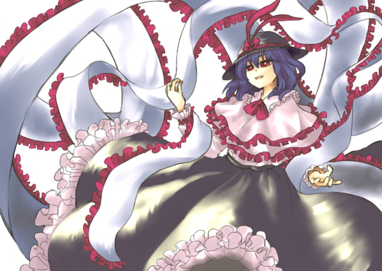 as (ashyblown), nagae iku, touhou, 1girl, black skirt, capelet, cowboy shot, evil smile, female focus, frills, long sleeves, purple hair, red eyes, shawl, short hair, skirt, smile, solo