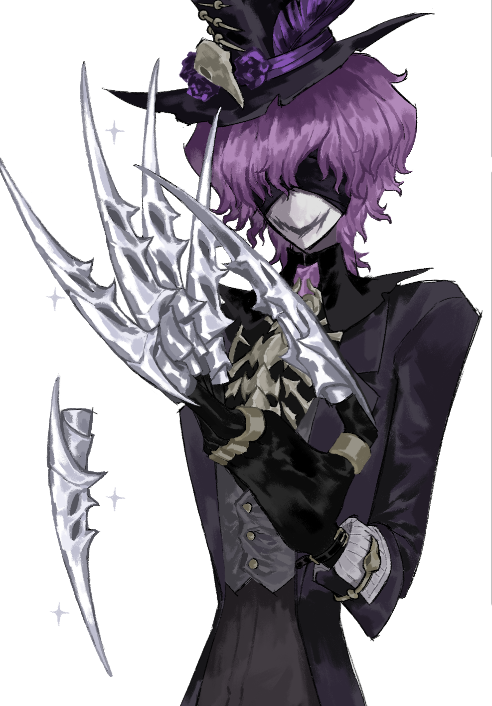 jack (black bones) (identity v), jack (identity v), identity v, highres, 1boy, animal skull, bird skull, black collar, black gloves, blindfold, bone, claws, collar, fake claws, formal clothes, gloves, hat, hat feather, hat ornament, high collar, jacket, jewelry, male focus, mask, multiple rings, official alternate costume, purple hair, purple jacket, reitoukoorisenn, ring, skull hat ornament, sparkle, suit, top hat, wavy hair