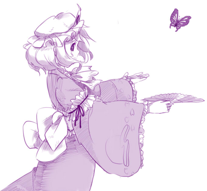 as (ashyblown), saigyouji yuyuko, touhou, 1girl, bug, butterfly, female focus, folding fan, hand fan, japanese clothes, monochrome, profile, purple theme, solo