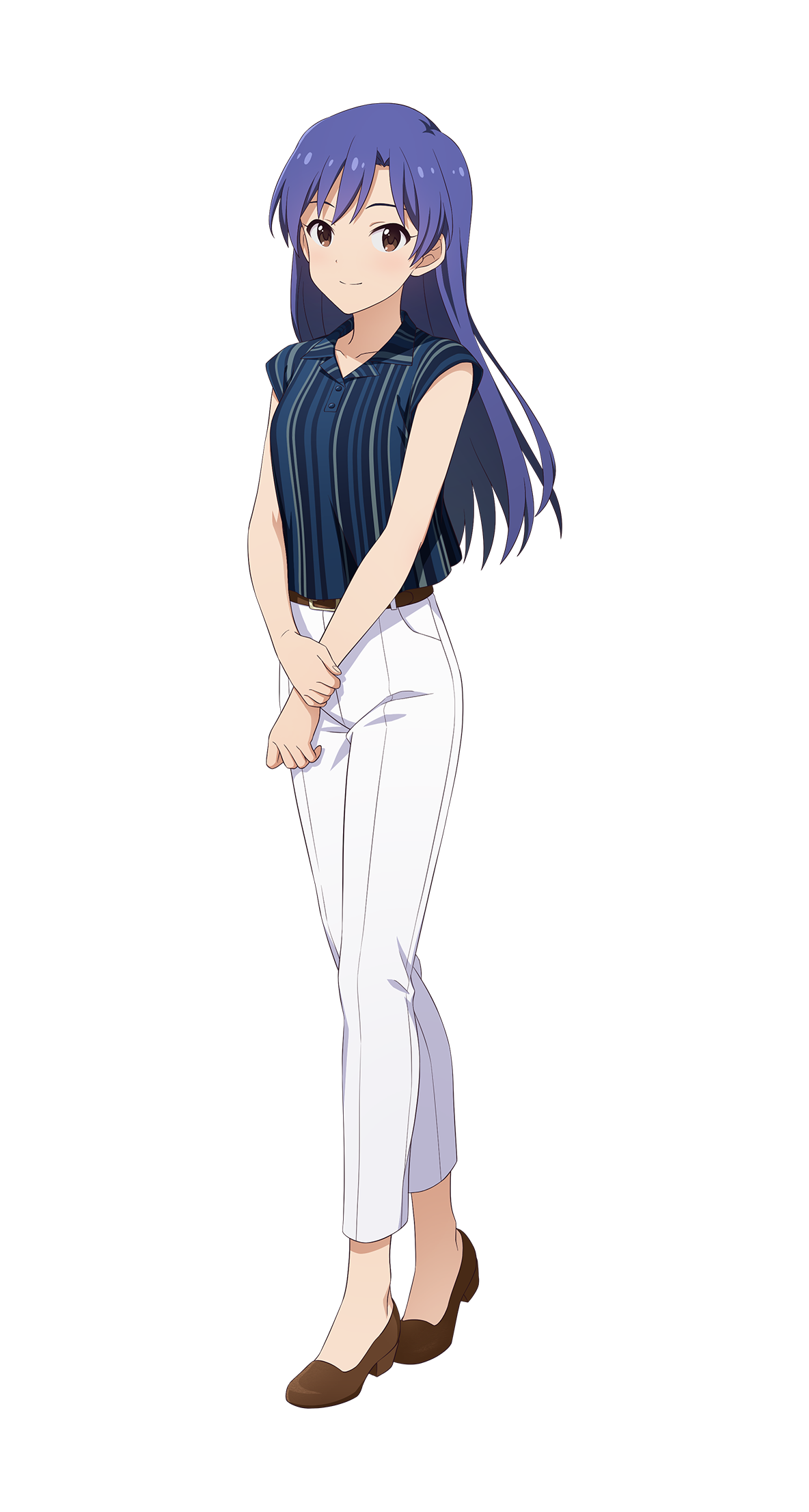kisaragi chihaya, idolmaster, idolmaster (classic), idolmaster tours, highres, official art, 1girl, belt, blue hair, brown eyes, buttons, high heels, holding own arm, pants, smile, solo, striped clothes, transparent background, white pants