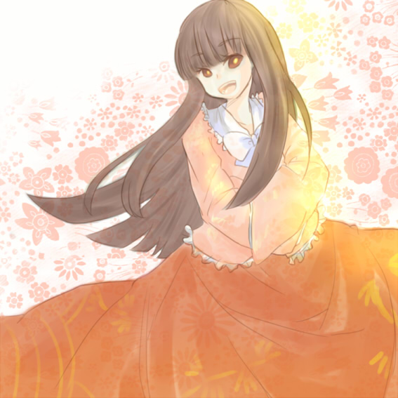 as (ashyblown), houraisan kaguya, touhou, 1girl, :d, black hair, blouse, blush, cowboy shot, female focus, long hair, long sleeves, open mouth, red eyes, red skirt, shirt, skirt, smile, solo, star (symbol), very long hair