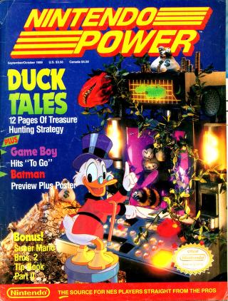 scrooge mcduck, capcom, duck tales, nintendo, nintendo power, 1boy, bee, bird, bug, cane, cover, duck, duck tail, duck tales (game), full body, grin, hat, insect, looking at viewer, magazine cover, money bag, smile, top hat
