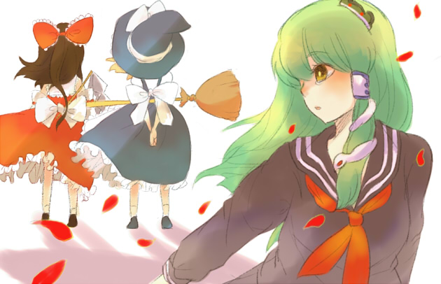 as (ashyblown), hakurei reimu, kirisame marisa, kochiya sanae, touhou, 3girls, alternate costume, female focus, multiple girls, school uniform, serafuku