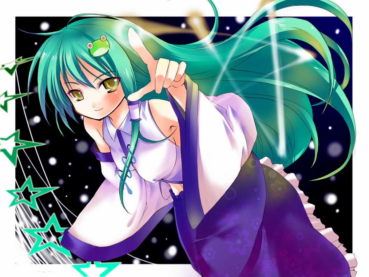 atoshi, kochiya sanae, touhou, bad id, bad pixiv id, 1girl, black background, female focus, green hair, japanese clothes, long hair, miko, solo