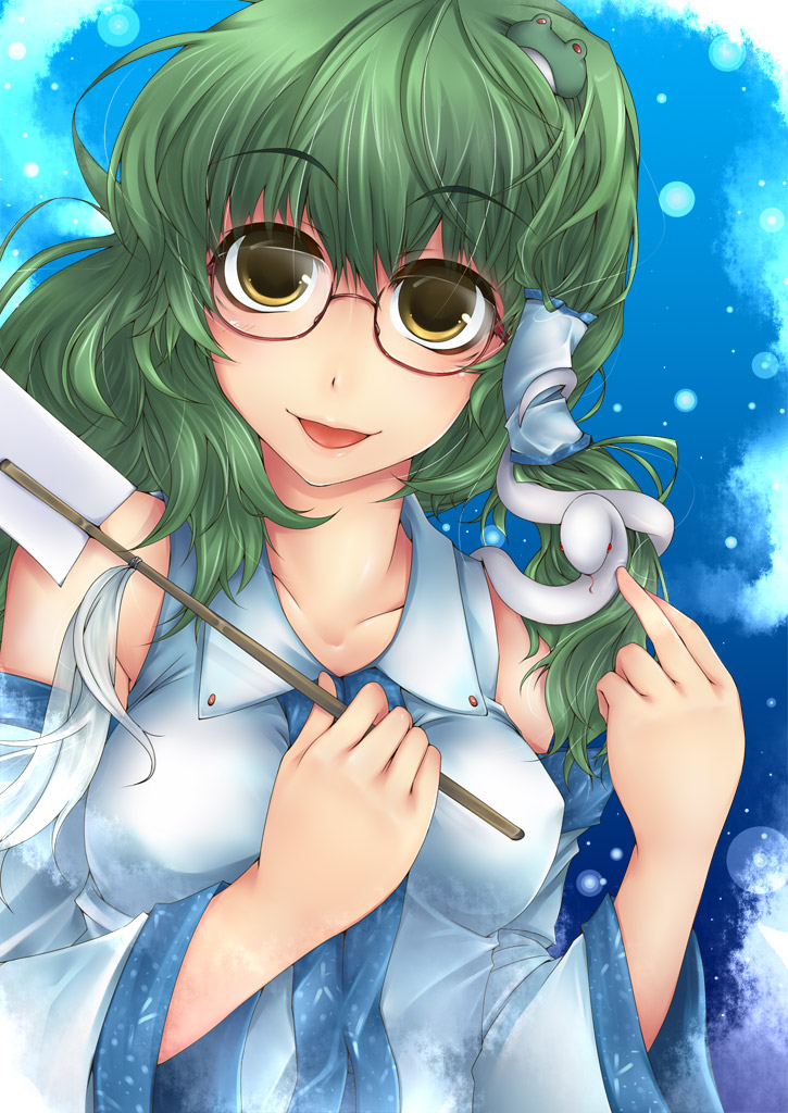 okina togo, serizawa mutsuki, kochiya sanae, touhou, bad id, bad pixiv id, 1girl, bespectacled, female focus, glasses, green hair, japanese clothes, long hair, miko, solo