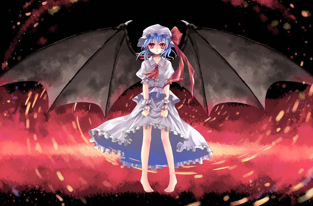 sousouman, remilia scarlet, touhou, bad id, bad pixiv id, 1girl, barefoot, bat wings, blue hair, clothes grab, female focus, glowing, glowing eyes, hat, pigeon-toed, red eyes, ribbon, short hair, skirt grab, solo, standing, wings, wrist cuffs
