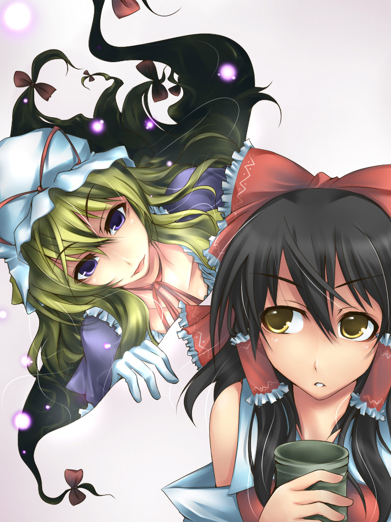 okina togo, serizawa mutsuki, hakurei reimu, yakumo yukari, touhou, bad id, bad pixiv id, 2girls, black hair, blonde hair, cup, female focus, gap (touhou), hat, long hair, multiple girls, ribbon