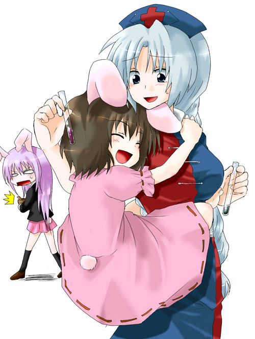 unya, inaba tewi, reisen udongein inaba, yagokoro eirin, touhou, silver hair, 3girls, animal ears, braid, breasts, brown hair, female focus, hat, hug, large breasts, long hair, multiple girls, purple hair, rabbit ears, rabbit girl, rabbit tail, ribbon, short hair, tail