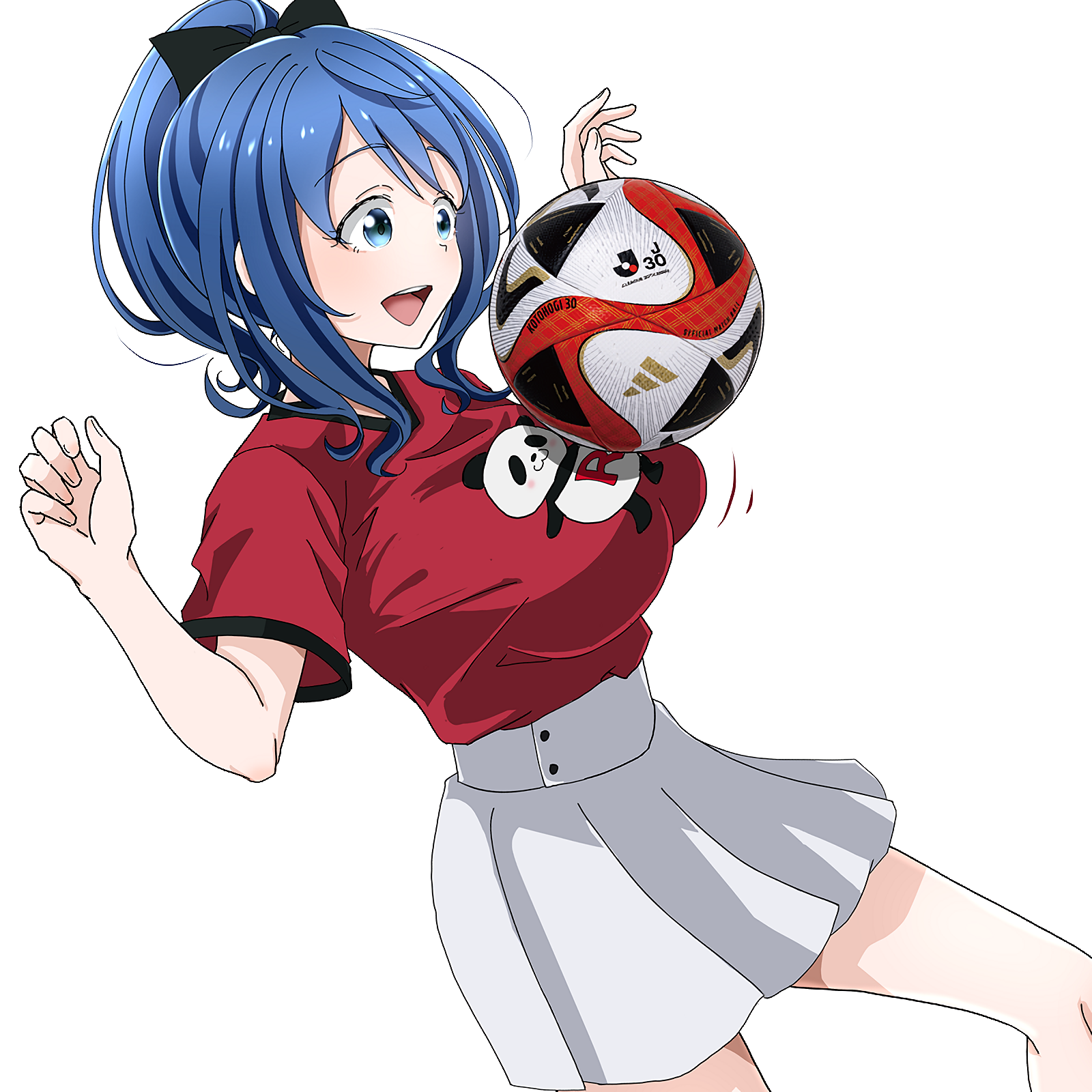 yanami anna, make heroine ga oo sugiru!, highres, 1girl, alternate costume, alternate hairstyle, ball, blue eyes, blue hair, breasts, hair ribbon, large breasts, legs, medium hair, open mouth, ponytail, ribbon, shirt, skirt, smile, soccer ball, soccer uniform, solo, sportswear, thighs