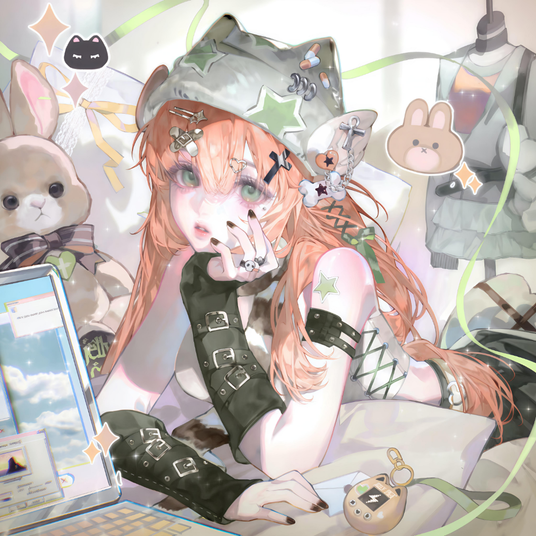 tai01, original, large variant set, variant set, 1girl, bare shoulders, black nails, breasts, computer, green eyes, hair between eyes, hair ornament, hairclip, hat, jewelry, jirai kei, laptop, long hair, looking at viewer, lying, nail polish, on stomach, orange hair, parted lips, ribbon, ring, solo, star symbol, stuffed animal, stuffed toy, tattoo, x hair ornament