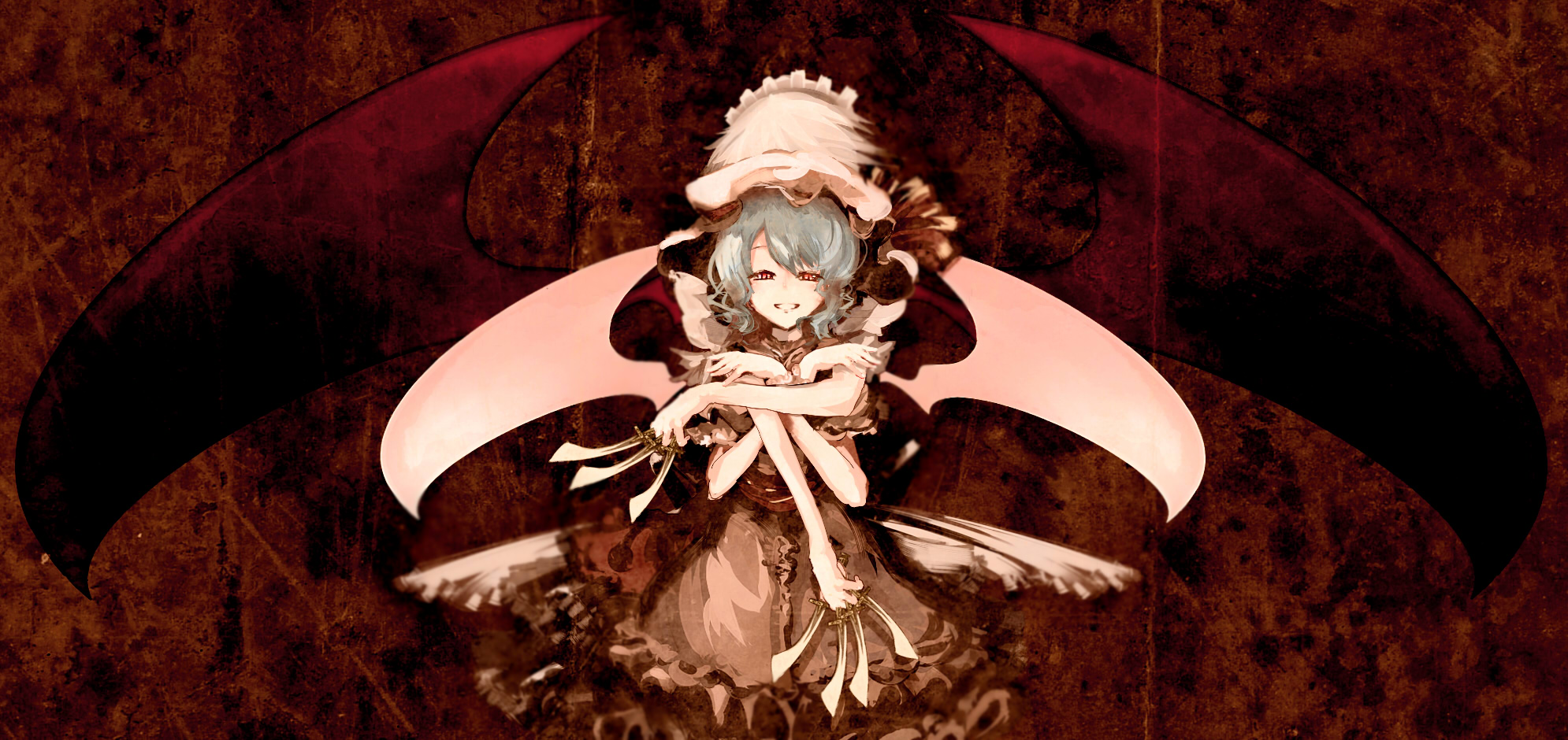 yoshioka yoshiko, izayoi sakuya, remilia scarlet, touhou, bad id, bad pixiv id, highres, 2girls, blue hair, female focus, hug, knife, maid, multiple girls, smile, throwing knife, weapon, wings