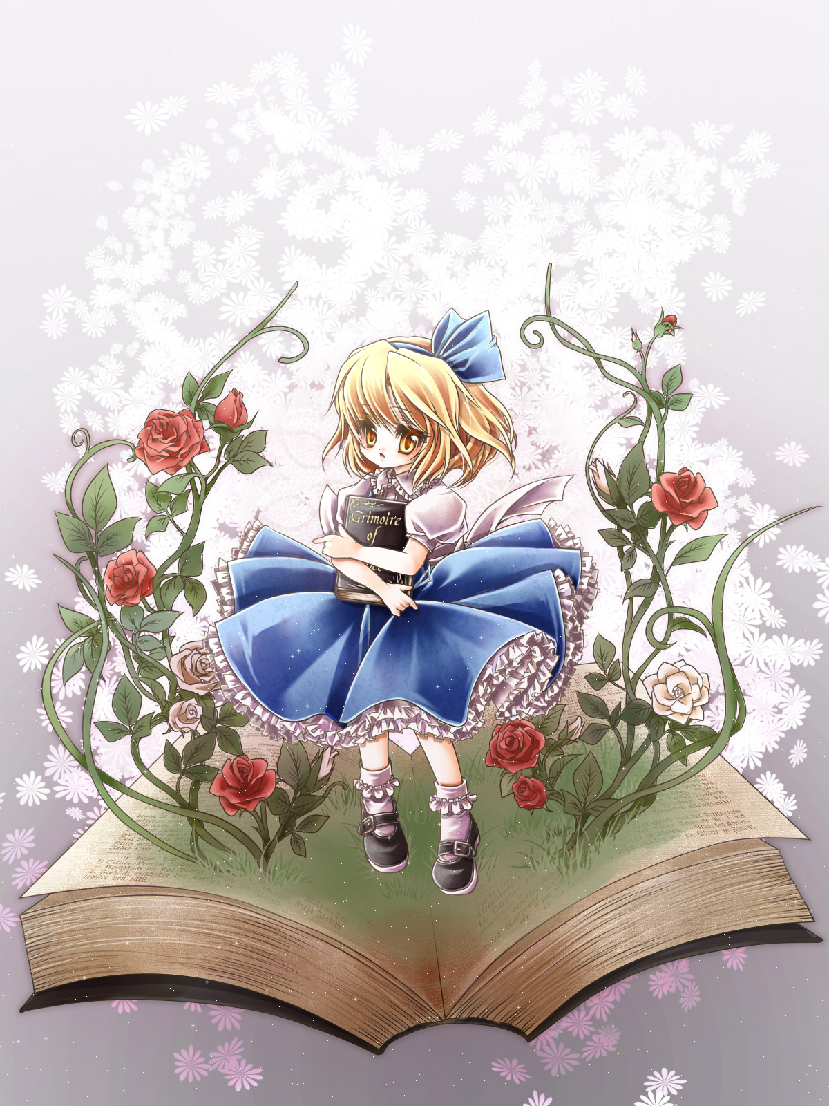 chokobanira, alice margatroid, alice margatroid (pc-98), mystic square, touhou, touhou (pc-98), bad id, bad pixiv id, highres, 1girl, book, female focus, flower, rose, solo