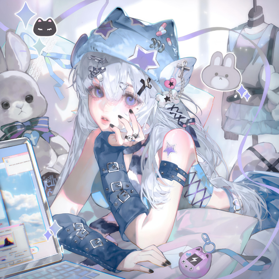tai01, original, large variant set, variant set, 1girl, bare shoulders, black nails, blue eyes, blue skirt, bow, breasts, computer, fingerless gloves, gloves, hair between eyes, hair ornament, hairclip, hat, heart, jewelry, jirai kei, laptop, long hair, looking at viewer, lying, nail polish, on stomach, parted lips, phone, pillow, ribbon, ring, shirt, skirt, solo, sparkle, star (symbol), stuffed animal, stuffed rabbit, stuffed toy, tattoo, white hair, x hair ornament