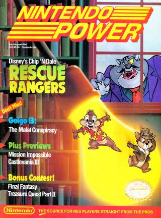 chip (disney), dale (disney), capcom, chip 'n dale rescue rangers, mickey mouse & friends, nintendo, nintendo power, 3boys, cat, chip 'n dale rescue rangers (game), chip n dale, chipmunk, coat, cover, evil grin, evil smile, facial hair, fat cat, grin, hat, hawaiian shirt, looking at viewer, magazine (object), magazine cover, multiple boys, mustache, shirt, smile, spotlight, squirrel