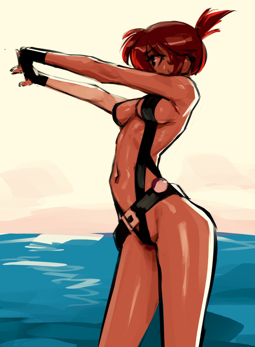 eu03, misty (pokemon), nintendo, pokemon, pokemon: the electric tale of pikachu, pokemon (anime), pokemon (classic anime), pokemon rgby, highres, 1girl, belt, black gloves, breasts, dark-skinned female, dark skin, fingerless gloves, folded ponytail, gloves, interlocked fingers, medium breasts, narrow waist, navel, ocean, ponytail, red hair, revealing clothes, short hair, short ponytail, sideboob, slingshot swimsuit, solo, standing, stretching, swimsuit, water