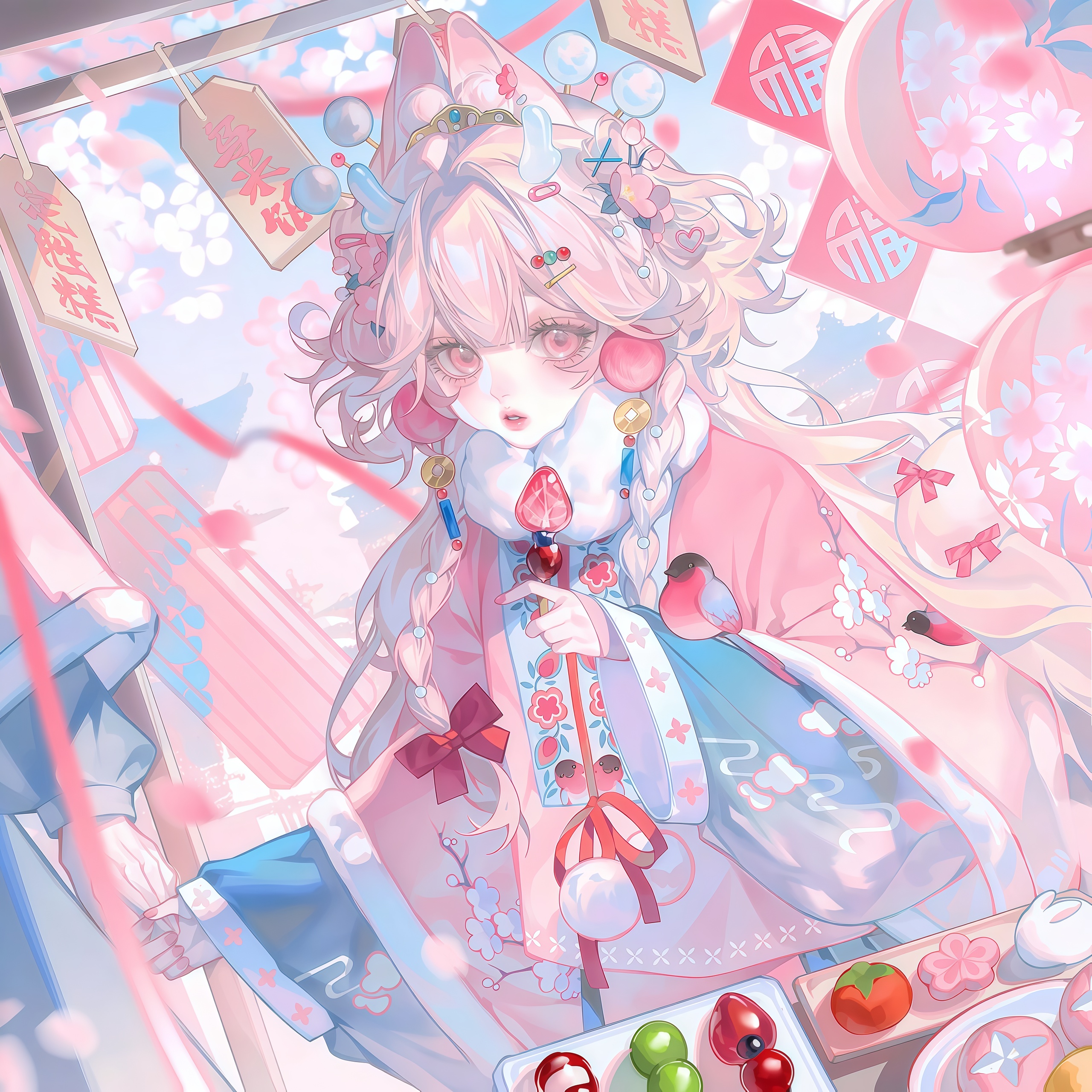 tai01, original, absurdres, highres, large variant set, variant set, 1girl, animal ears, braid, cherry blossoms, food, fruit, hair ornament, horns, long hair, long sleeves, looking at viewer, pink eyes, pink hair, twin braids, white hair