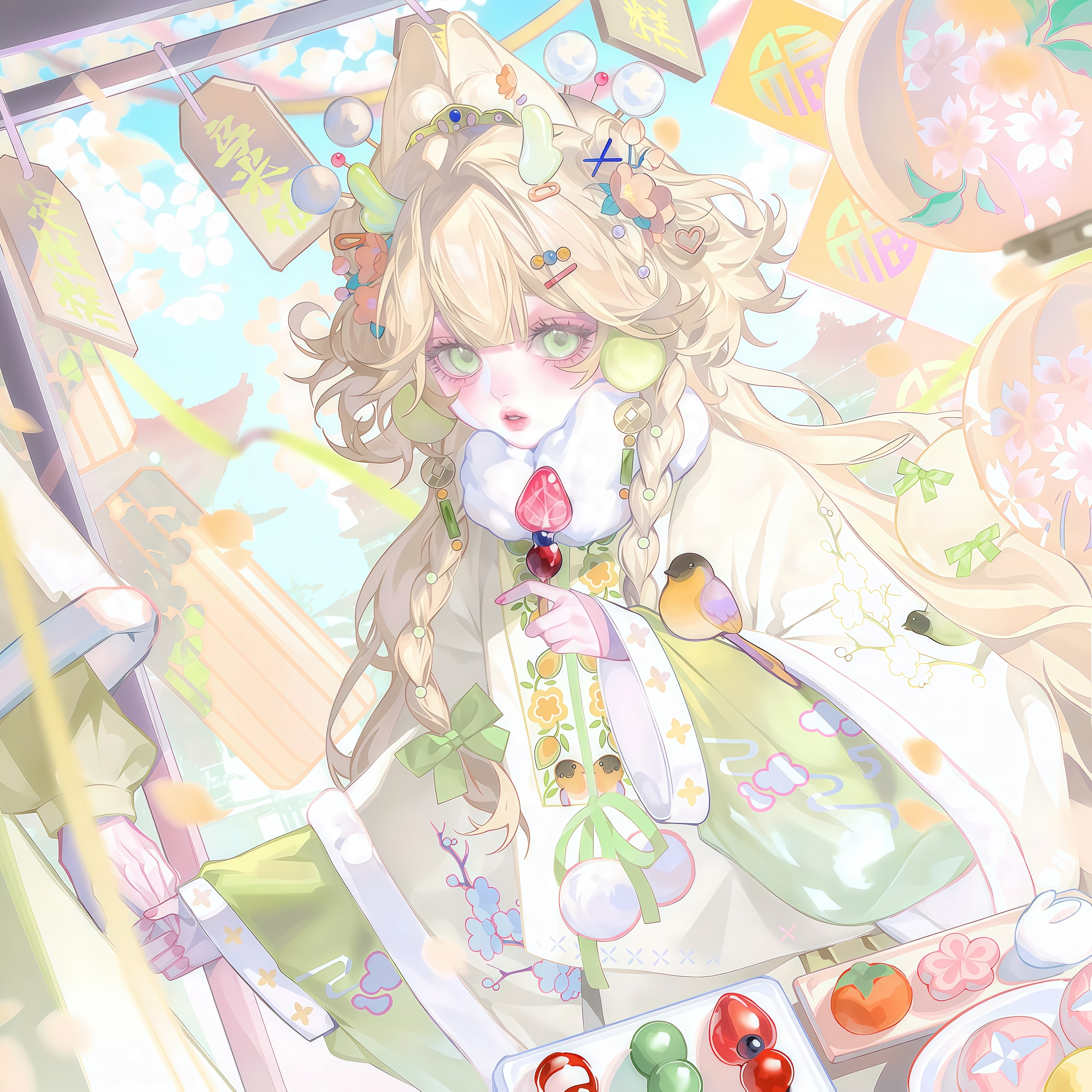 tai01, original, absurdres, highres, large variant set, variant set, 1girl, animal ears, blonde hair, bow, braid, food, fruit, green eyes, hair ornament, hairclip, holding, long hair, long sleeves, looking at viewer, solo, strawberry, twin braids