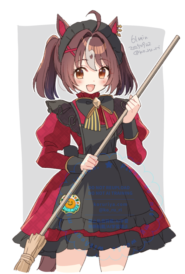 koruri, gran alegria (umamusume), umamusume, commentary request, 1girl, ahoge, animal ear piercing, animal ears, apron, black apron, black bow, black headdress, blush, bow, breasts, broom, brown eyes, brown hair, dress, ear ornament, hair between eyes, hair ornament, holding, holding broom, horse ears, horse girl, horse tail, long sleeves, looking at viewer, maid, maid apron, maid headdress, medium hair, multicolored hair, open mouth, red dress, smile, solo, streaked hair, tail, white hair, x hair ornament