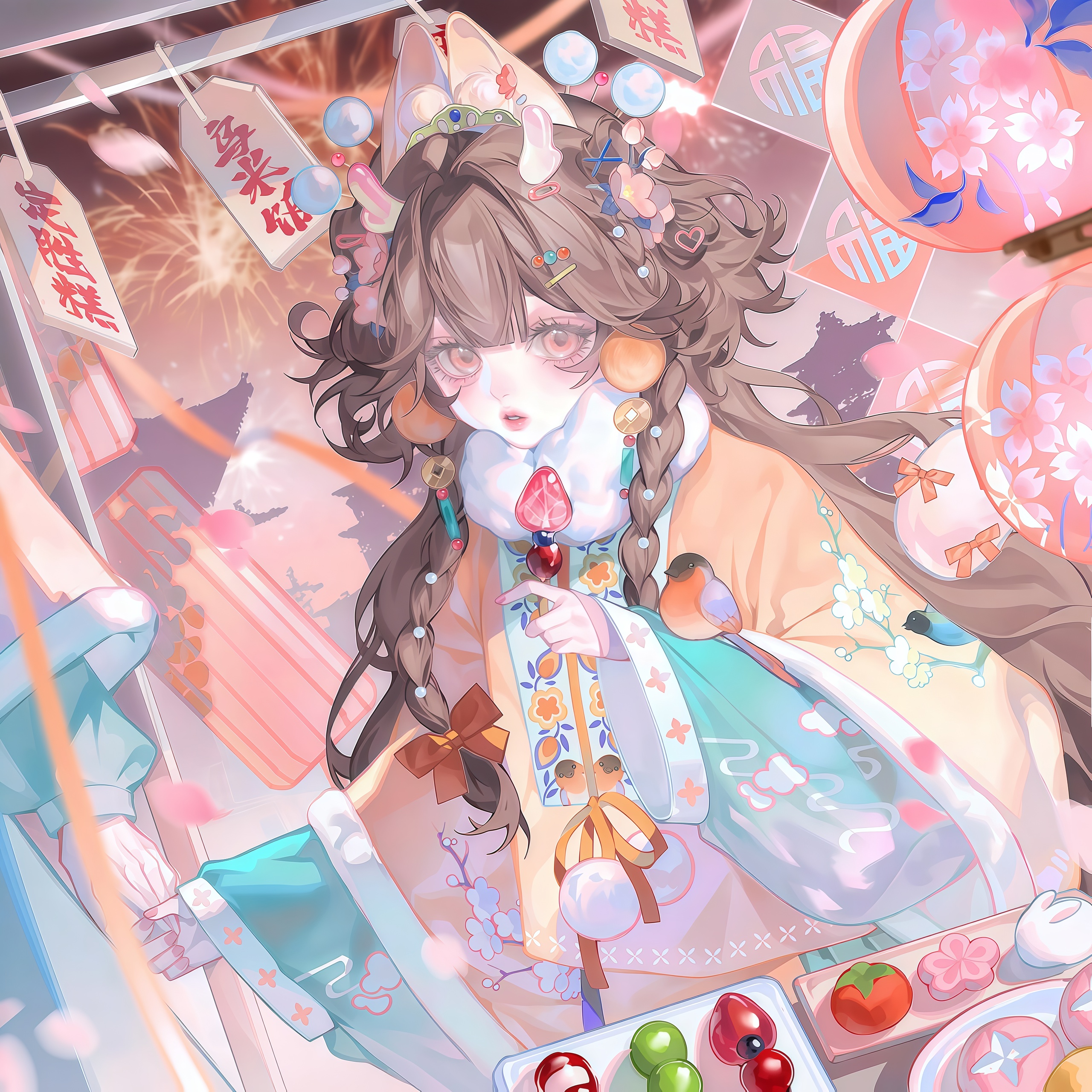tai01, original, absurdres, highres, large variant set, variant set, 1girl, animal ears, braid, brown eyes, brown hair, candy apple, cherry blossoms, fireworks, food, hair ornament, holding, holding food, long hair, long sleeves, looking at viewer, pom pom clothes, solo focus, twin braids, wide sleeves