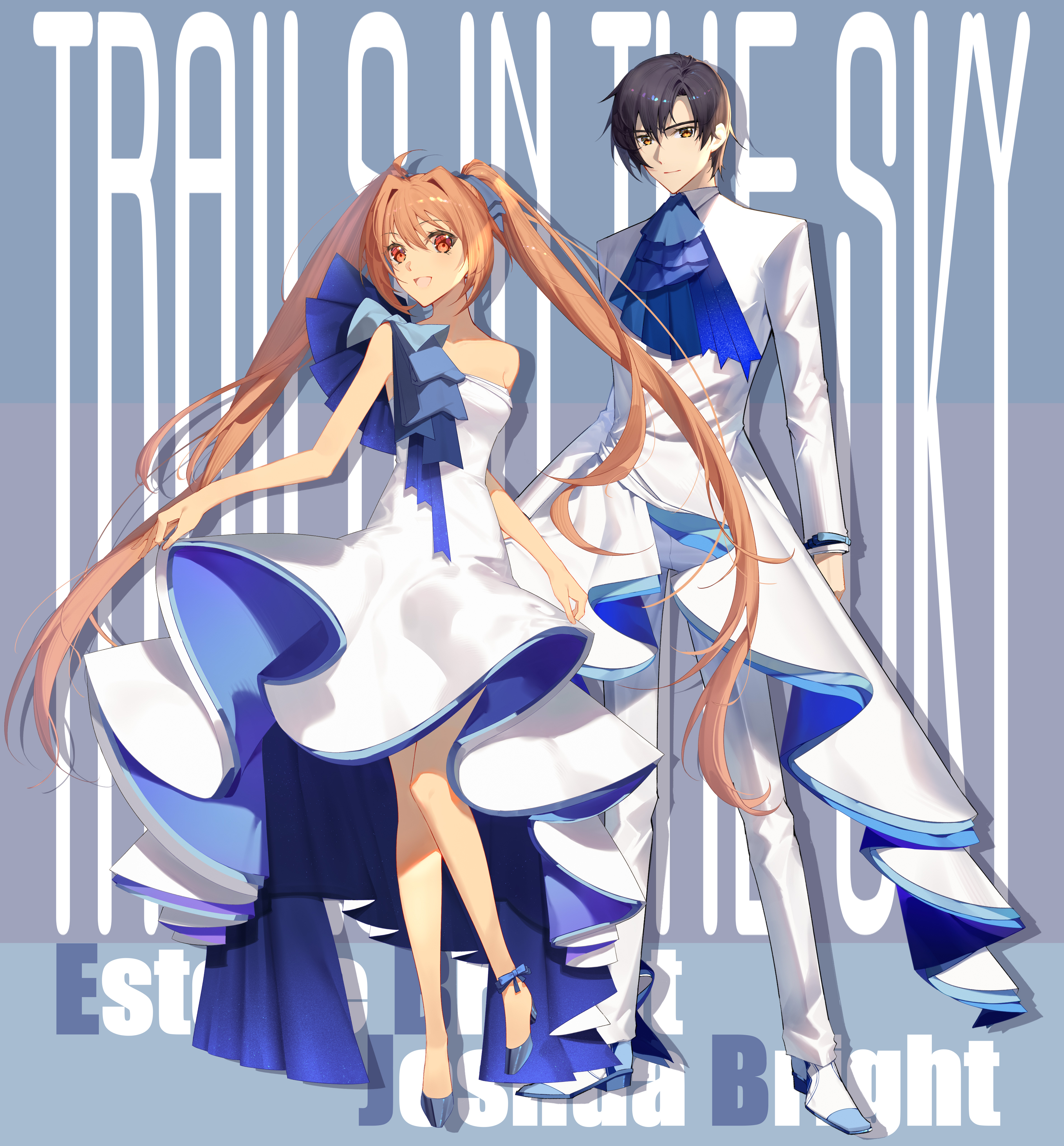 estelle bright, joshua bright, eiyuu densetsu, sora no kiseki, absurdres, highres, 1boy, 1girl, ahoge, ascot, black hair, blue ascot, brown hair, character name, closed mouth, clothes lift, copyright name, dress, dress lift, english text, formal clothes, full body, hair between eyes, hair intakes, high heels, izkasuzu, long hair, looking at viewer, open mouth, parted bangs, red eyes, short hair, simple background, smile, suit, twintails, very long hair, white dress, white suit, yellow eyes