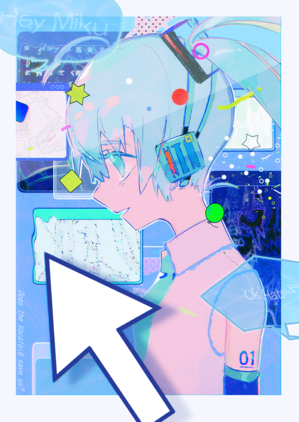mawarusanso, hatsune miku, vocaloid, commentary request, 1girl, border, character name, cursor, english text, headphones, headset, long hair, open mouth, solo, speech bubble, star (symbol), twintails, upper body, white border, window (computing)