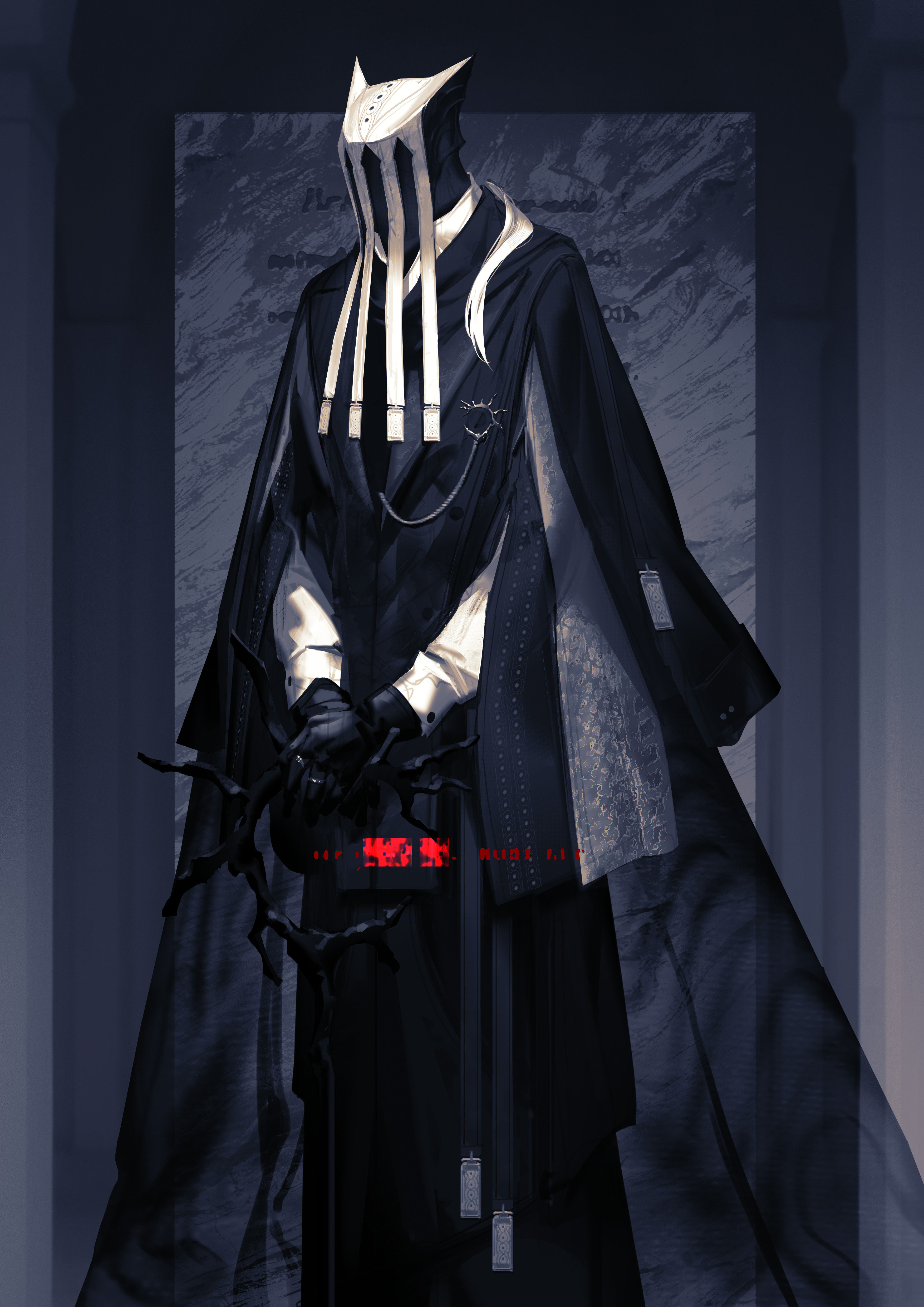 cenm0, nezzsalem (arknights), arknights, absurdres, highres, 1boy, black cape, black gloves, cane, cape, covered face, faceless, faceless male, gloves, hair over shoulder, holding, holding cane, low ponytail, ponytail, standing, white sleeves
