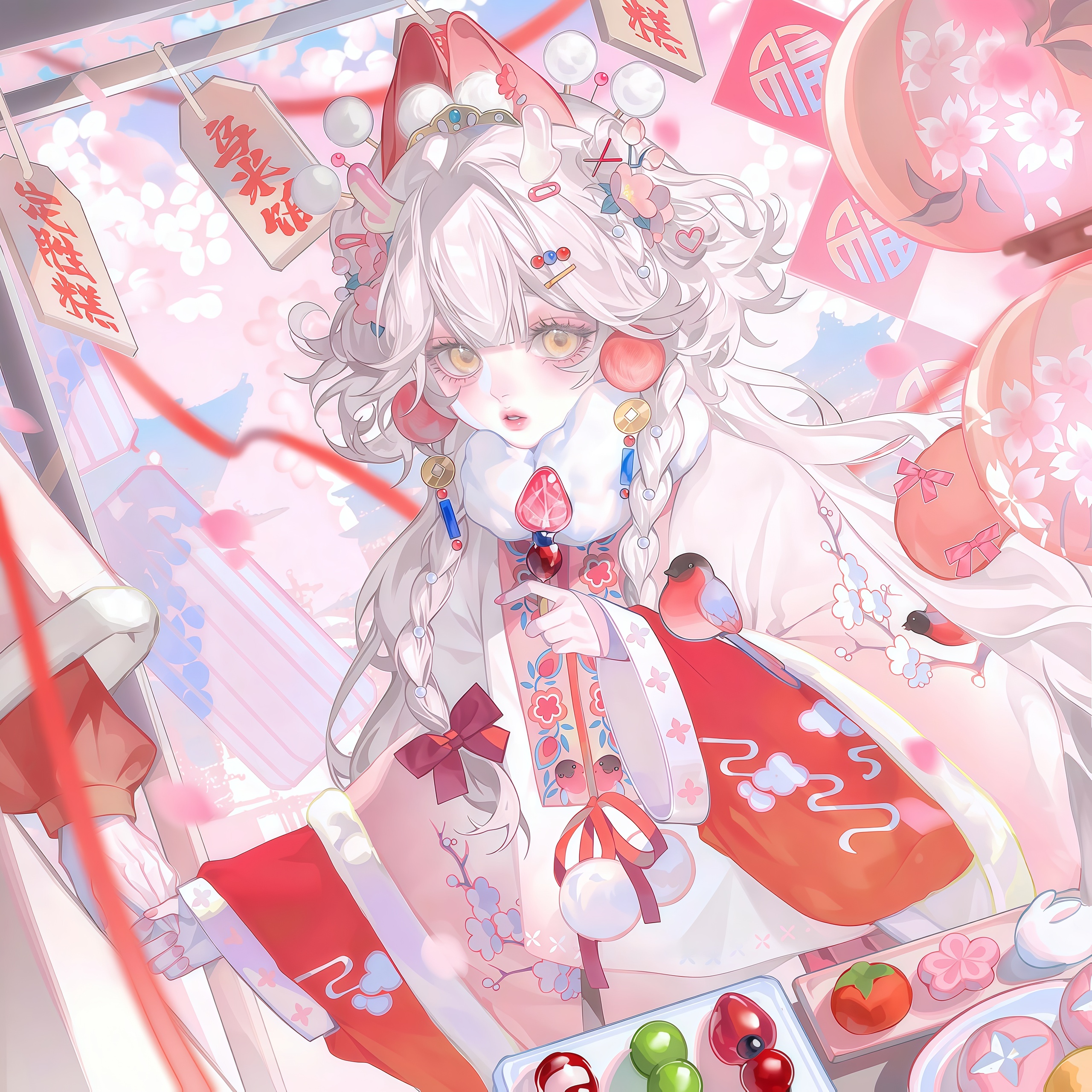 tai01, original, absurdres, highres, large variant set, variant set, 1girl, braid, cherry blossoms, food, hair ornament, hairclip, horns, long hair, long sleeves, looking at viewer, solo, twin braids, white hair, yellow eyes