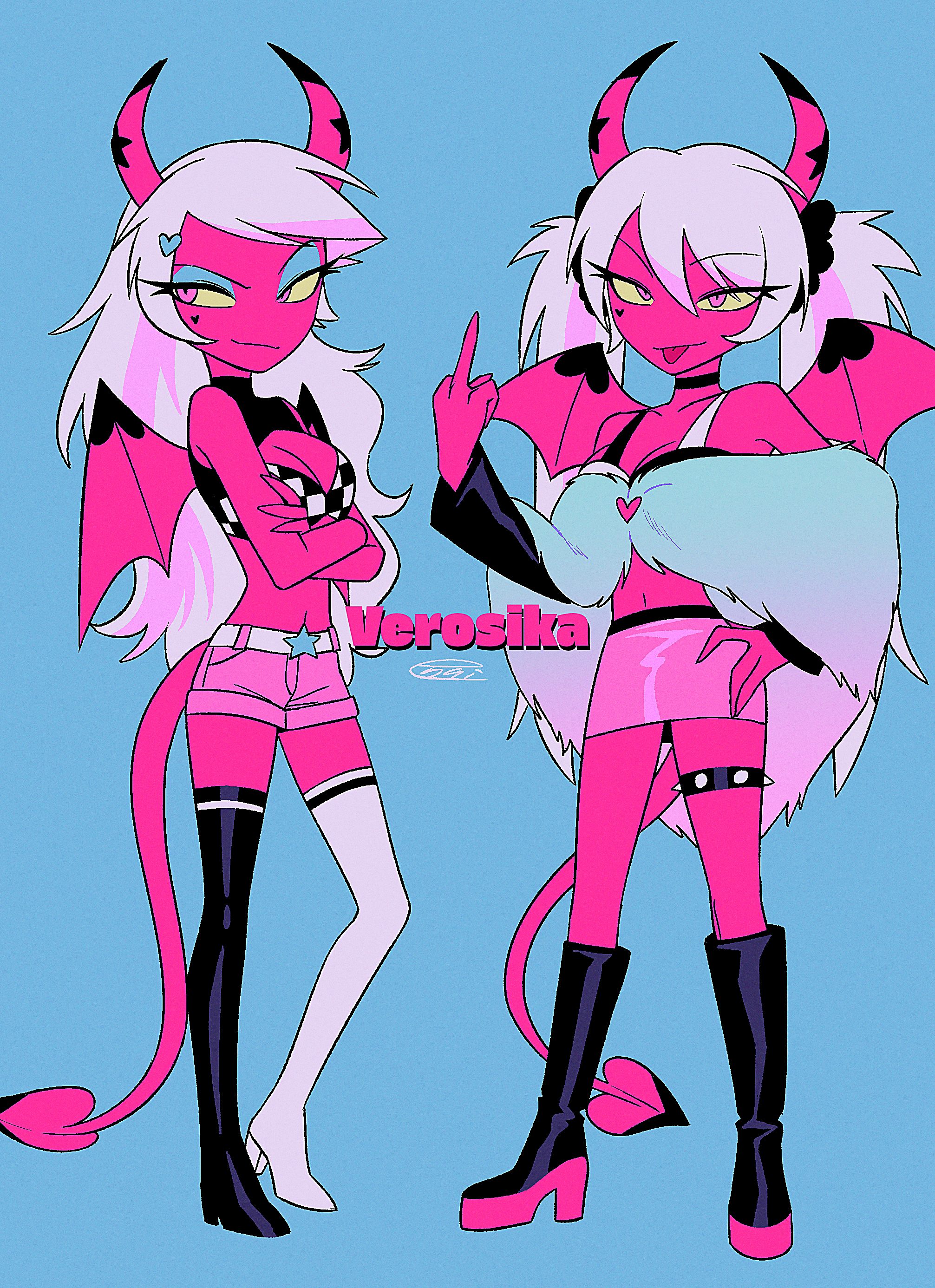 menma (enaic31), verosika mayday, hellaverse, helluva boss, absurdres, commentary request, highres, 2girls, asymmetrical footwear, bare arms, bare shoulders, belt, black belt, black boots, black choker, black sclera, black shirt, blue background, blue eyeshadow, boots, breasts, character name, checkered clothes, checkered shirt, choker, cleavage, cleavage cutout, closed mouth, clothing cutout, collarbone, colored sclera, colored skin, crossed arms, demon girl, demon horns, demon tail, demon wings, denim, denim shorts, double-parted bangs, dual persona, eyeshadow, facial mark, fewer digits, full body, fur jacket, gradient clothes, gradient jacket, grey jacket, hair between eyes, hair ornament, hair scrunchie, hand on own hip, heart, heart facial mark, heart hair ornament, high heel boots, high heels, horns, jacket, knee boots, knees apart feet together, legs apart, long hair, long sleeves, makeup, medium breasts, middle finger, midriff, miniskirt, mismatched footwear, multicolored hair, multiple girls, navel, pencil skirt, pink eyes, pink hair, pink jacket, pink shorts, pink skin, pink skirt, pink tail, pink wings, scrunchie, shirt, short shorts, shorts, side-by-side, signature, simple background, skirt, sleeveless, sleeveless shirt, sleeveless turtleneck, smile, spiked thigh strap, standing, star (symbol), streaked hair, tail, thigh boots, thigh strap, turtleneck, turtleneck shirt, twintails, two-tone hair, two-tone shirt, very long hair, white belt, white boots, white hair, white shirt, wings, yellow sclera