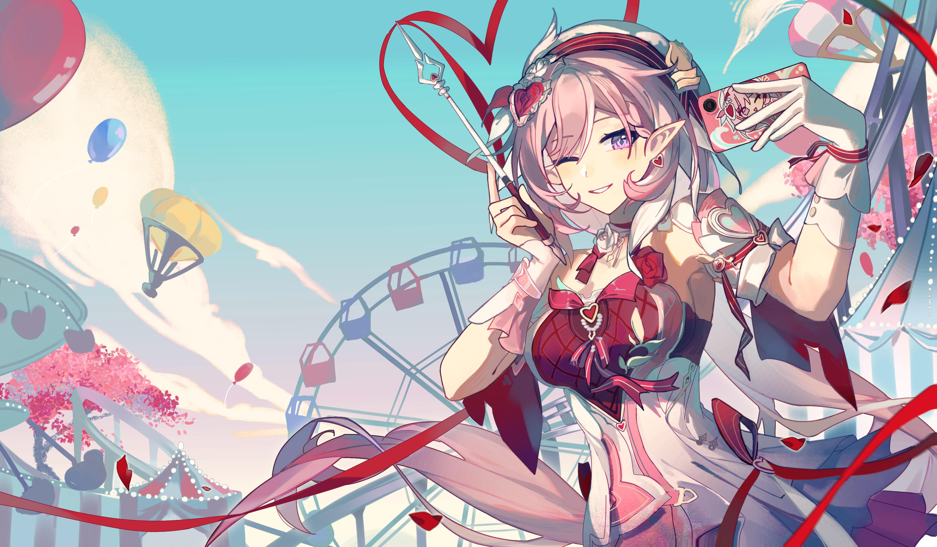 duifangzhengzaishuru32383, elysia (hi love elf) (honkai impact), elysia (honkai impact), honkai (series), honkai impact 3rd, absurdres, chinese commentary, commentary request, highres, textless version, 1girl, ;), bare shoulders, beret, blue sky, breasts, diamond-shaped pupils, diamond (shape), dress, elf, gloves, hat, holding, holding phone, holding wand, large breasts, long hair, multicolored dress, one eye closed, outdoors, phone, pink dress, pink hair, pointy ears, purple eyes, red dress, selfie, sky, smile, solo, symbol-shaped pupils, very long hair, wand, white dress, white gloves, white hat