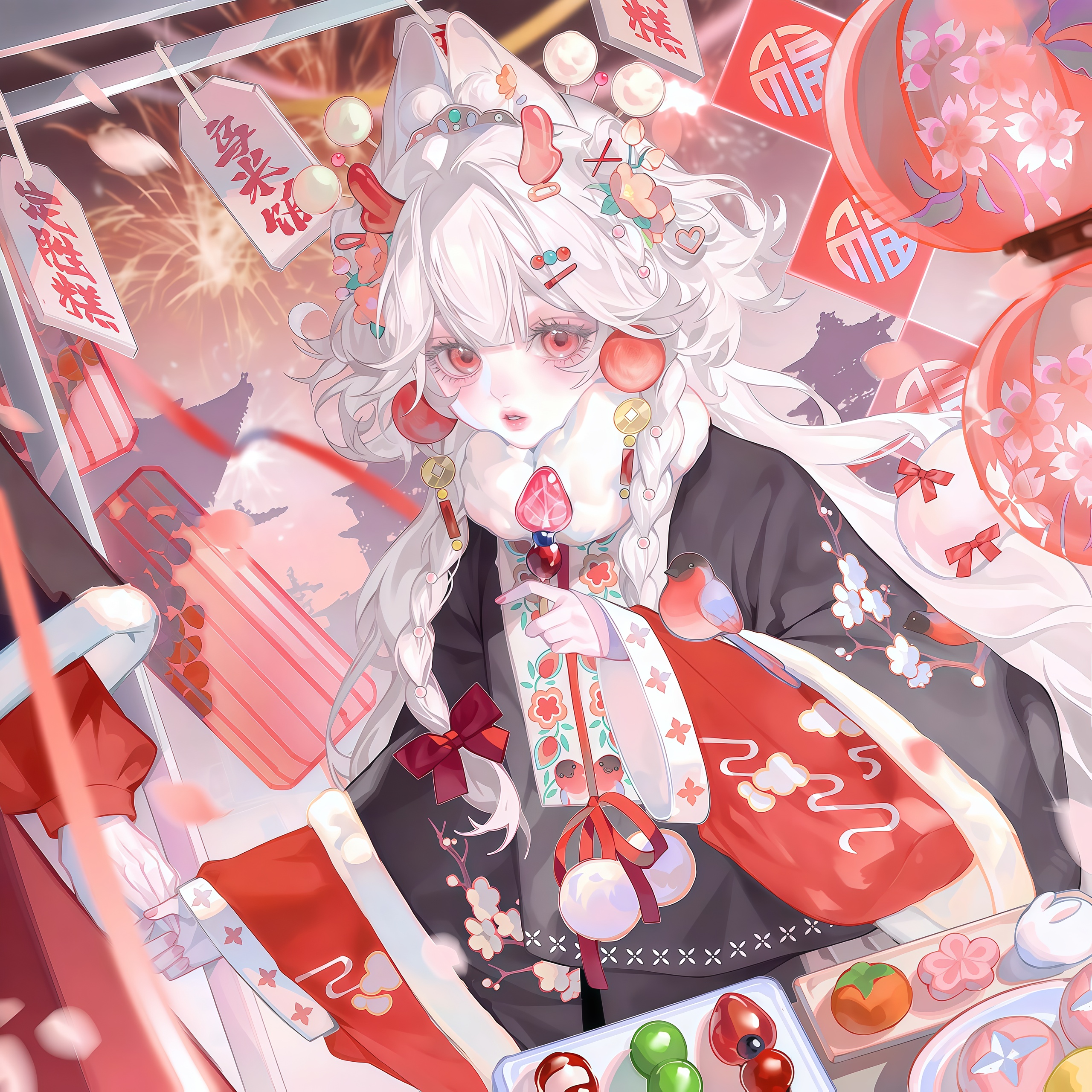 tai01, original, absurdres, highres, large variant set, variant set, 1girl, animal ears, bow, braid, fireworks, food, hair ornament, hairclip, horns, long hair, long sleeves, looking at viewer, red eyes, solo, white hair