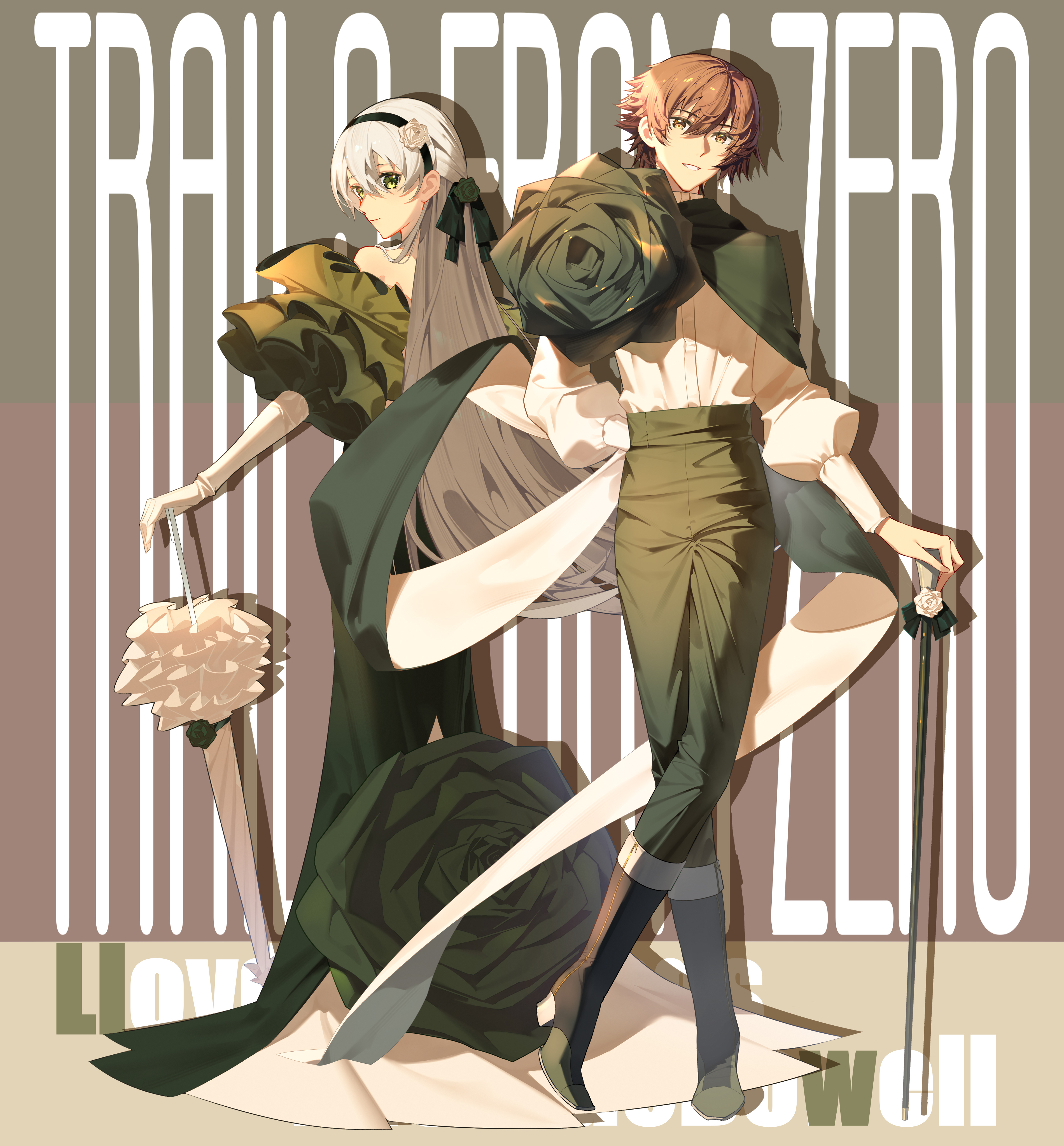 elie macdowell, lloyd bannings, ao no kiseki, eiyuu densetsu, zero no kiseki, absurdres, highres, 1boy, 1girl, black dress, boots, brown hair, character name, closed mouth, copyright name, double-parted bangs, dress, english text, floating hair, full body, hair between eyes, izkasuzu, long hair, looking at viewer, parted lips, planted, planted umbrella, short hair, simple background, smile, umbrella, white hair, yellow eyes