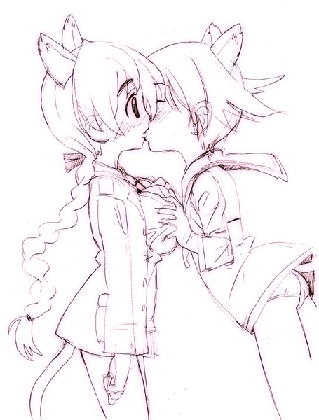 homing (areya), lynette bishop, miyafuji yoshika, strike witches, world witches series, 00s, 2girls, animal ears, breasts, cat ears, cat tail, dog ears, grabbing another's breast, groping, kiss, large breasts, monochrome, multiple girls, panties, purple theme, surprised, tail, underwear, yuri