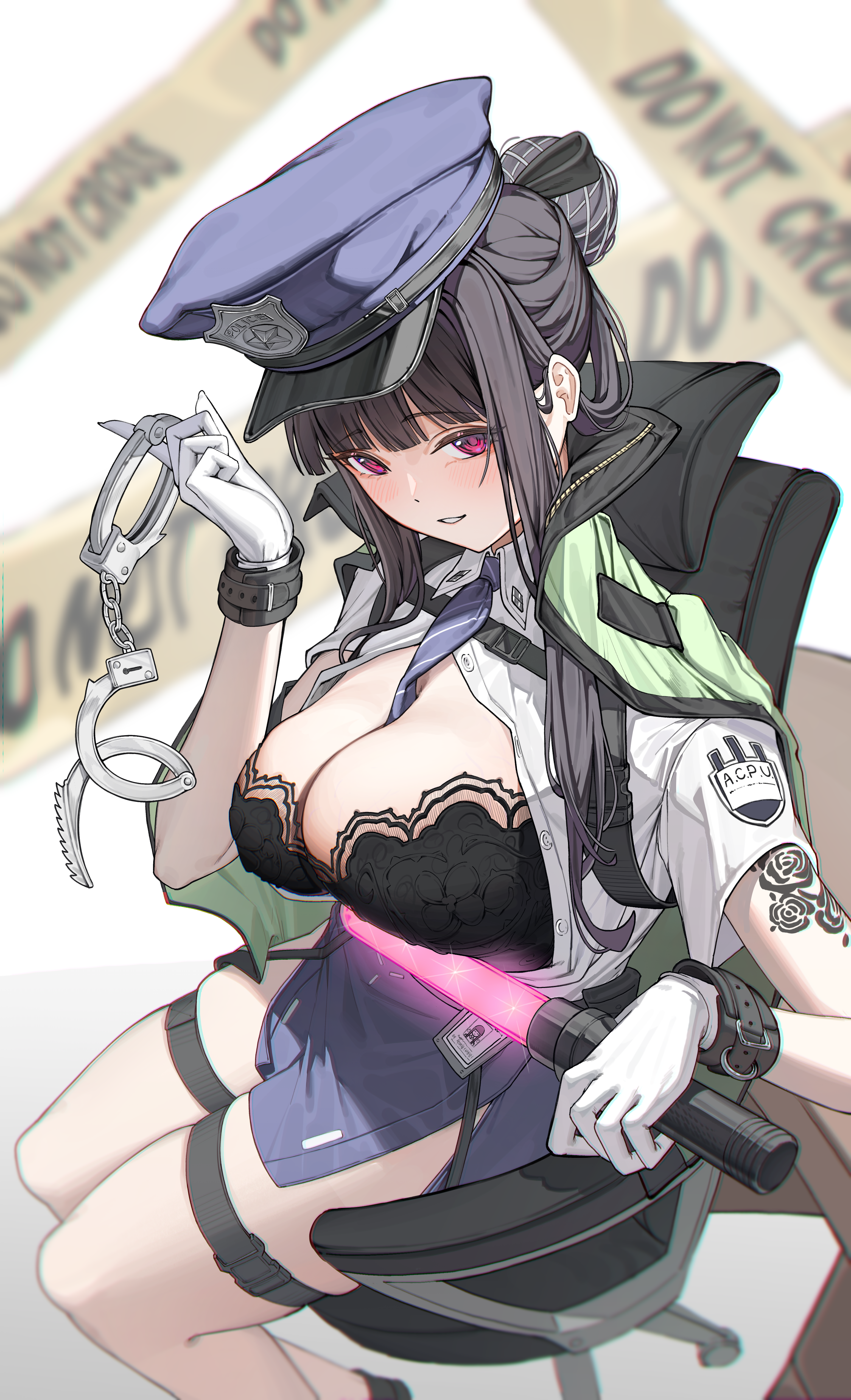 ko uniii, d (killer wife) (nikke), d (killer wife) (secret police) (nikke), d (nikke), goddess of victory: nikke, absurdres, highres, 1girl, black bra, black hair, blue necktie, blue skirt, bra, breasts, cleavage, cuffs, gloves, handcuffs, holding, holding baton, holding handcuffs, large breasts, miniskirt, necktie, official alternate costume, parted lips, police, police uniform, policewoman, red eyes, shirt, skirt, solo, traffic baton, underwear, white gloves, white shirt