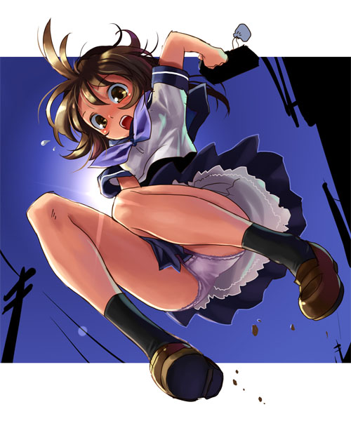 katahira masashi, black legwear, brown eyes, brown hair, brown shoes, day, from below, full body, jumping, outdoors, outside border, panties, pantyshot, school uniform, serafuku, shoes, skirt, skirt tug, solo, underwear, upskirt