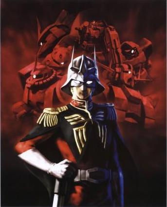 char aznable, gelgoog, gelgoog s char custom, z'gok, zaku ii, zaku ii s char custom, zeong, gundam, mobile suit gundam, artist request, lowres, official art, painting (medium), scan, traditional media, 1boy, belt, combat helmet, epaulettes, eye mask, helmet, looking at viewer, machinery, mecha, military uniform, mobile suit, one-eyed, realistic, robot, science fiction, zeon