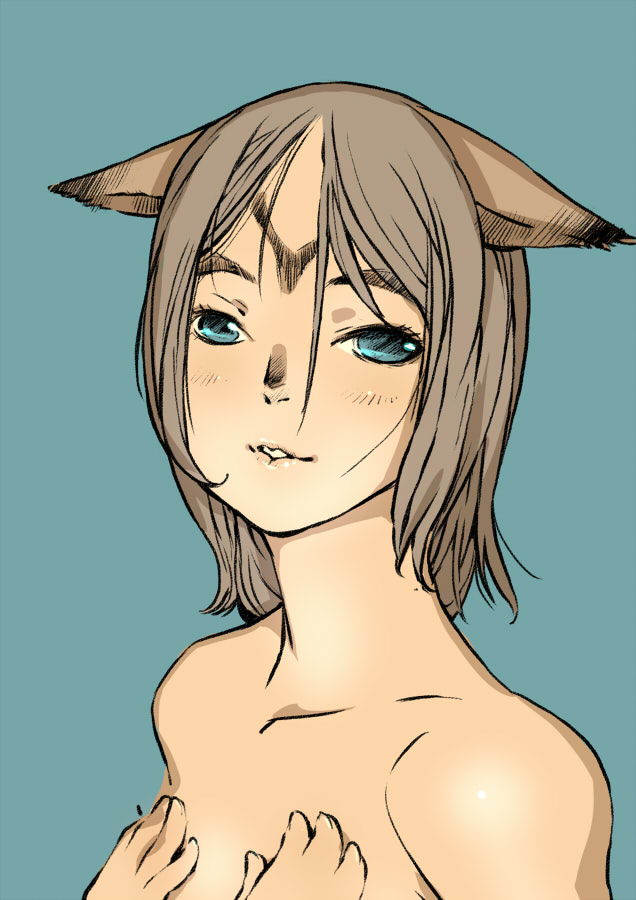 branch (blackrabbits), mithra (ff11), final fantasy, final fantasy xi, bad id, bad pixiv id, 00s, 1girl, animal ears, blue eyes, breasts, brown hair, covering breasts, covering privates, female focus, nude, nude cover, short hair, simple background, solo