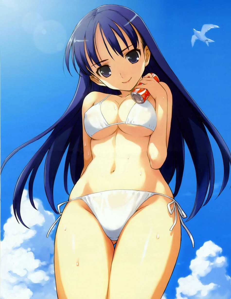 morisawa haruyuki, coca-cola, original, highres, 1girl, animal, bikini, bird, black eyes, blue hair, breasts, can, cleavage, cloud, collarbone, drink can, female focus, from below, holding, large breasts, lens flare, long hair, looking at viewer, looking down, navel, seagull, side-tie bikini bottom, sky, smile, soda can, solo, swimsuit, underboob, wet, white bikini