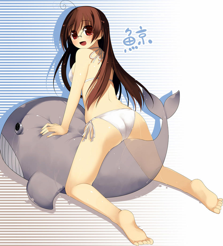 kashiwamochi yomogi, arima senne, original, 1girl, ahoge, ass, barefoot, bent over, bikini, blush, breasts, brown hair, feet, female focus, from behind, glasses, inflatable toy, inflatable whale, long hair, looking at viewer, looking back, medium breasts, open mouth, red eyes, side-tie bikini bottom, smile, soles, solo, striped background, swimsuit, toes, wet, white background, white bikini