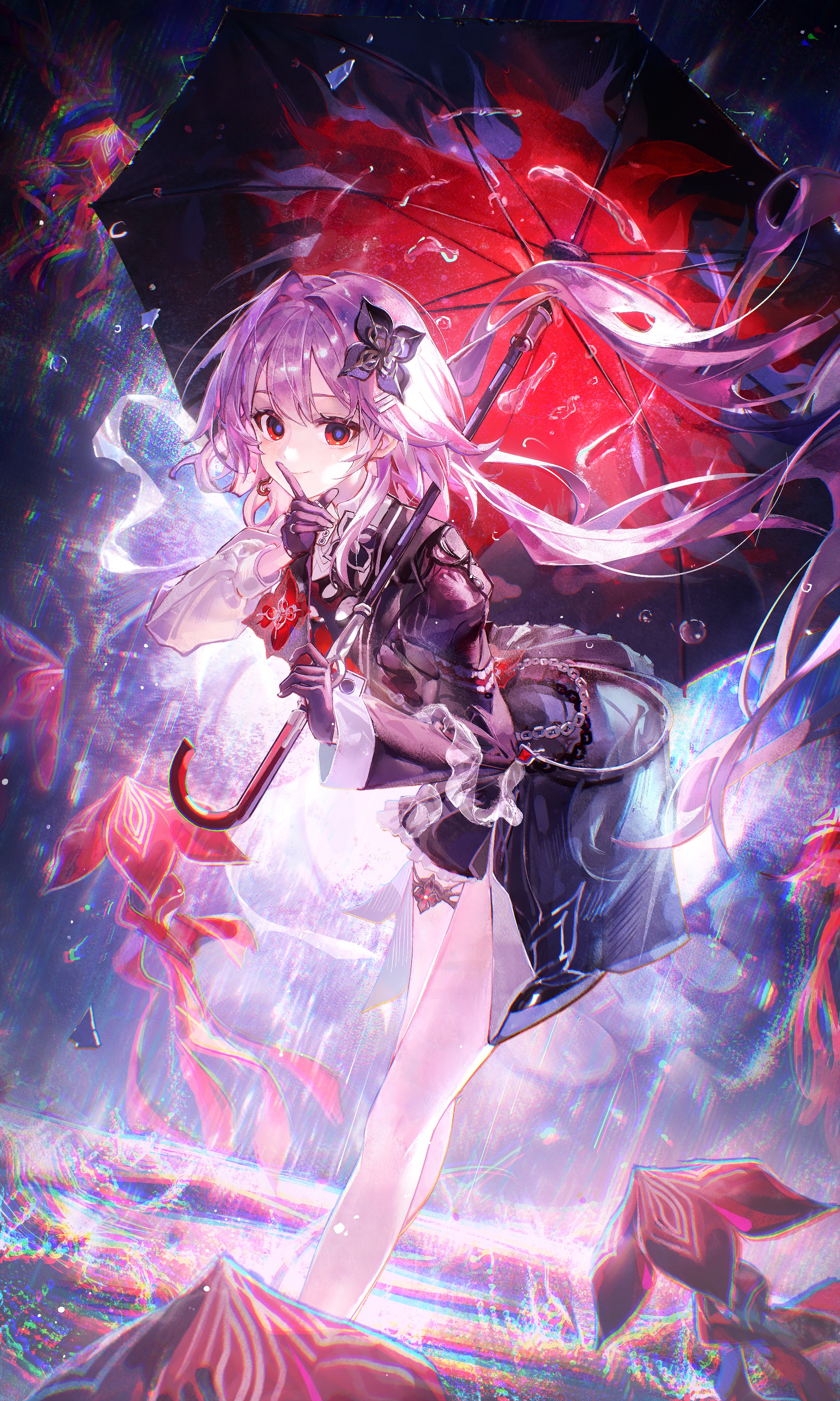 yuuki (yuuki08435994), evernight (honkai: star rail), march 7th (honkai: star rail), honkai: star rail, honkai (series), absurdres, highres, 1girl, black dress, black flower, black gloves, black umbrella, dress, flower, gloves, hair between eyes, hair flower, hair ornament, holding, holding umbrella, index finger raised, leaning forward, long hair, long sleeves, looking at viewer, official alternate eye color, official alternate hair length, official alternate hairstyle, pink hair, red eyes, smile, solo, standing, umbrella