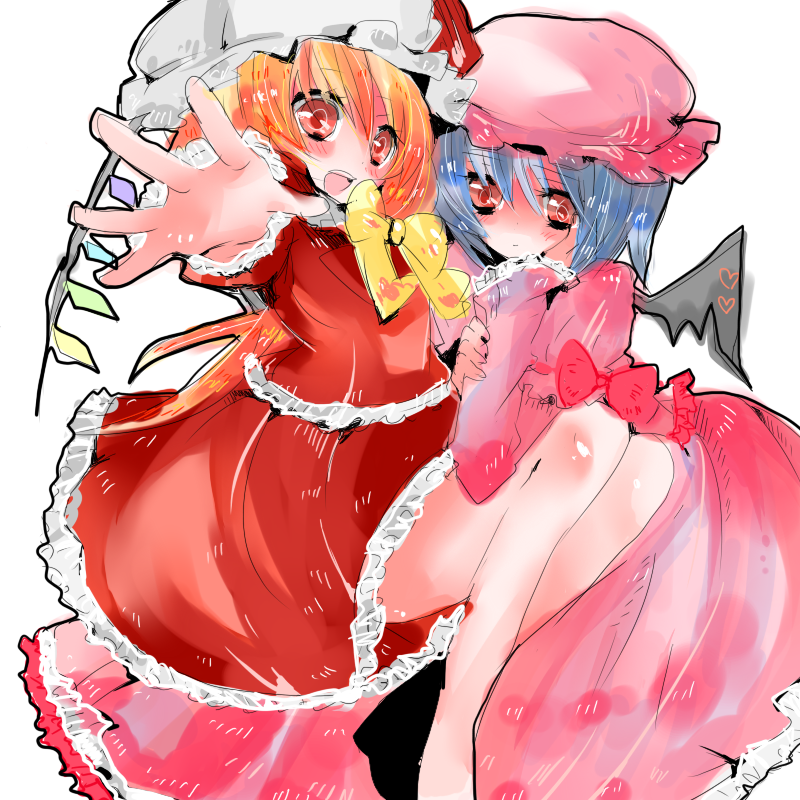 i chi, flandre scarlet, remilia scarlet, touhou, 2girls, blonde hair, blue hair, female focus, hat, mob cap, multiple girls, red eyes, ribbon, short hair, siblings, sisters, wings